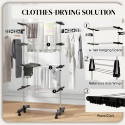 HOMCOM 4-Tier Large Clothes Airer Stainless Steel Clothes Drying Rack Black - thumbnail 5
