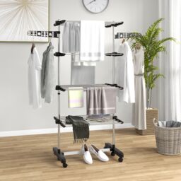 HOMCOM 4-Tier Large Clothes Airer Stainless Steel Clothes Drying Rack Black - thumbnail 1