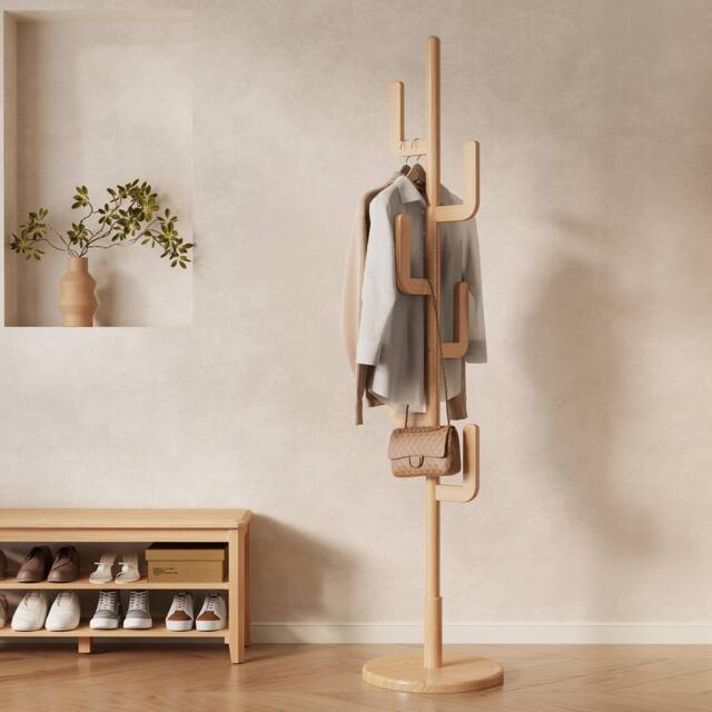 YQJJGL Coat Rack Solid Wood Freestanding Coat Tree with Hooks for Entryway Coat Rack Clothes Rack Garment Rack in Natural - image 1