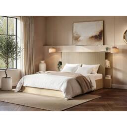 Solace+Co Zora Ottoman Bed with Headboard Shelves Oak in Brown - Size: Double