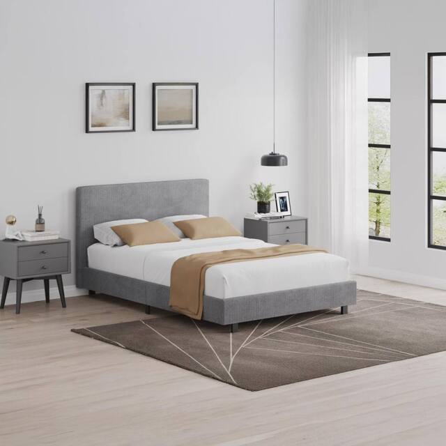 FWStyle Small Double Queen Grey Ribbed Linen Upholstered Fabric Bed Frame - image 1