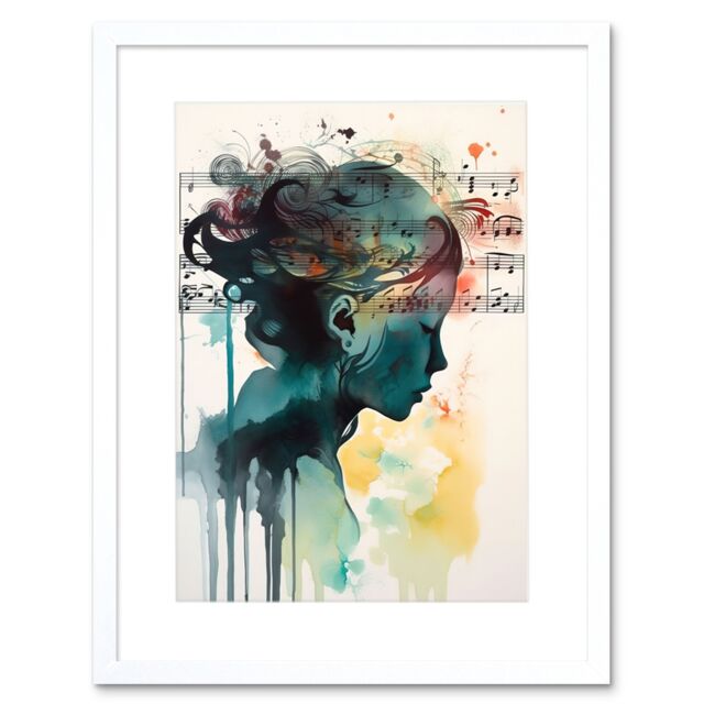 "Artery8 Wall Art Print Music on my Mind Singing in my Head Modern Portrait Watercolour Artwork Framed 9X7 Inch in White - Size: W7"" x H9""" - image 1