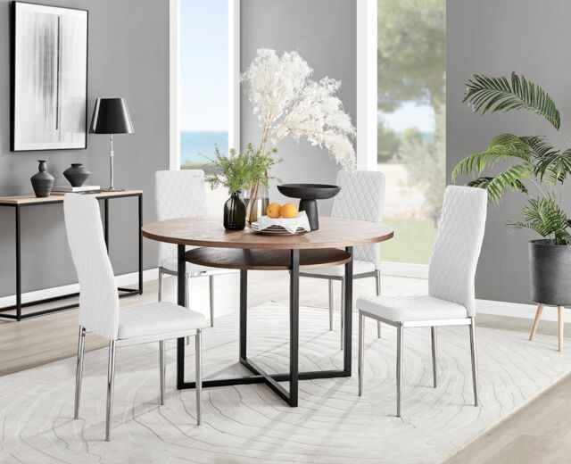 FurnitureboxUK Adley Brown Wood Storage Dining Table & 4 Milan Chrome Leg Chairs in Off-White - image 1