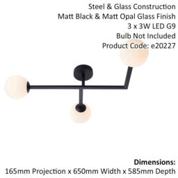 Loops Matt Black Semi Fush Bathroom Ceiling Light & Opal Glass Shade - 3 Bulb Fitting - thumbnail 2