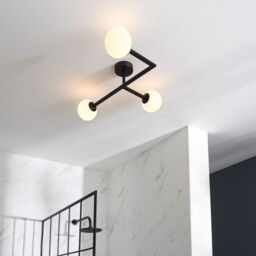 Loops Matt Black Semi Fush Bathroom Ceiling Light & Opal Glass Shade - 3 Bulb Fitting - thumbnail 3