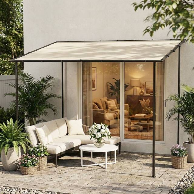 OUTSUNNY 3 x 2 m Lean to Garden Pergola, Metal Frame Gazebo Pergola, Cream - Size: 3m x 2m