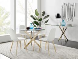 Novara 100cm Round Tempered Glass Dining Table with Gold Legs & 4 Corona Faux Leather Chairs - thumbnail 1