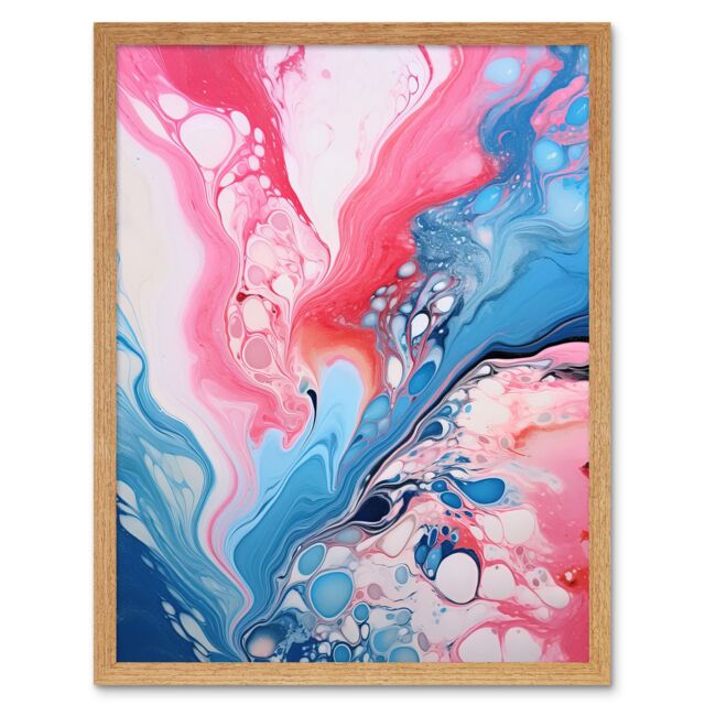 "Artery8 Wall Art Print Fluid Paint Acrylic Pouring Abstract Artwork Pink Blue Flowing Colours Art Framed in Light Oak - Size: W12"" x H16""" - image 1