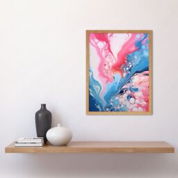 "Artery8 Wall Art Print Fluid Paint Acrylic Pouring Abstract Artwork Pink Blue Flowing Colours Art Framed in Light Oak - Size: W12"" x H16""" - thumbnail 2