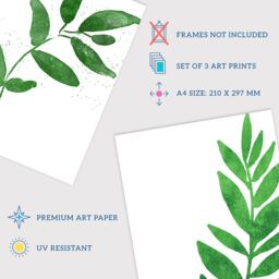 Artery8 Wall Art Print Pack of 3 A4 Simple Elegant Plant Leaf Foliage Bright Green Watercolour Living Room s Set - thumbnail 4