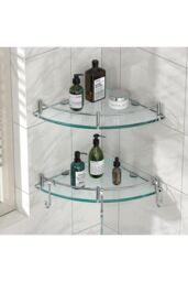 Living and Home 1 Tier Bathroom Glass Corner Shelf Wall Mounted Shelves Shampoo Holder Organizer in Silver - thumbnail 4