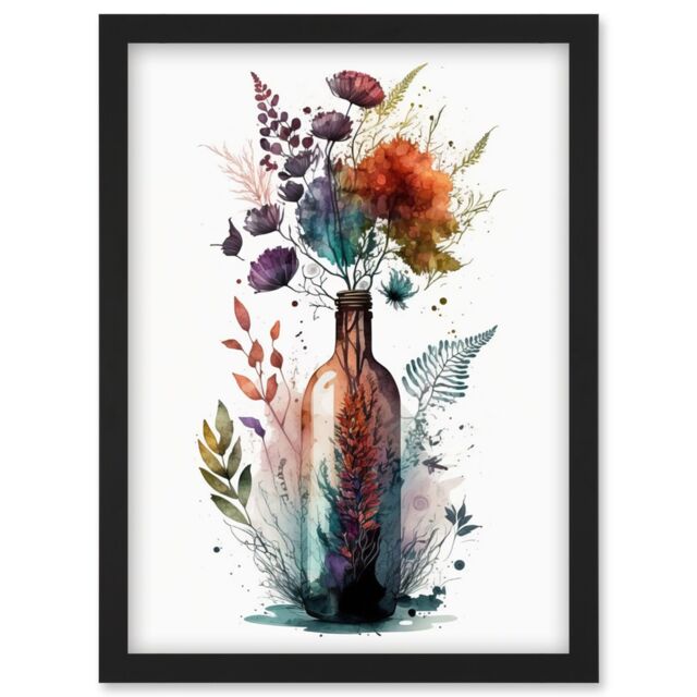 Artery8 Wine Bottle with Spring Wildflower Floral Bouquet Artwork Framed Wall Art Print A4 in Black - image 1