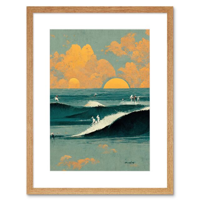 "Artery8 Wall Art Print Surfers Surfing Chasing Waves at Sunset Teal Mustard Abstract Oil Paint Artwork Framed 9X7 Inch in Beige - Size: W7"" x H9""" - image 1