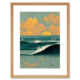 "Artery8 Wall Art Print Surfers Surfing Chasing Waves at Sunset Teal Mustard Abstract Oil Paint Artwork Framed 9X7 Inch in Beige - Size: W7"" x H9""" - thumbnail 1