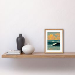 "Artery8 Wall Art Print Surfers Surfing Chasing Waves at Sunset Teal Mustard Abstract Oil Paint Artwork Framed 9X7 Inch in Beige - Size: W7"" x H9""" - thumbnail 2