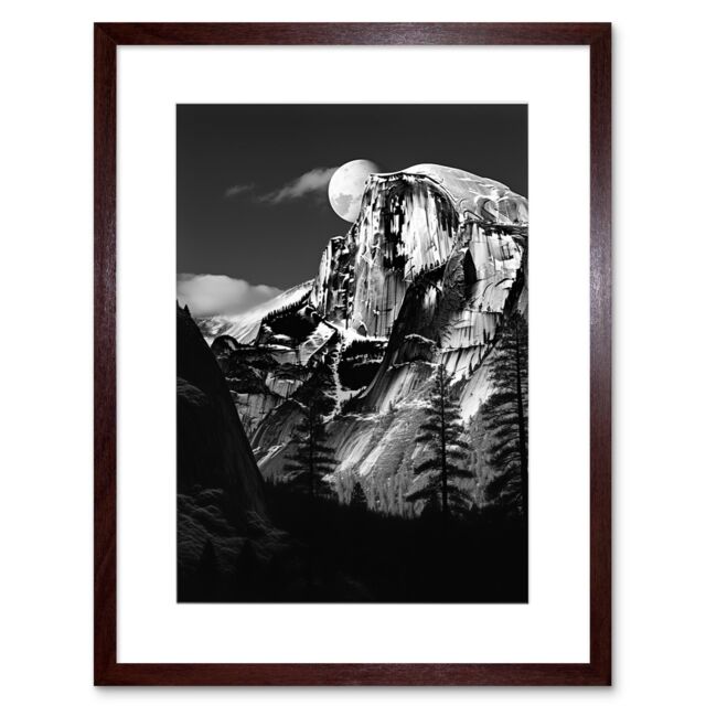Artery8 Wall Art Print Moonrise Behind Half Dome High Contrast Black White Photograph Yosemite National Park Full Moon & Mountain Forest Landscape - image 1