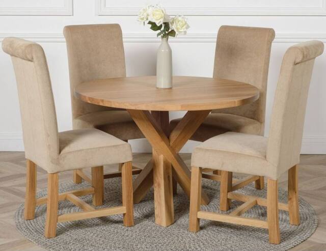 Thats Furniture Oregon Round Oak Dining Table & 4 Washington Fabric Chairs in Beige - image 1