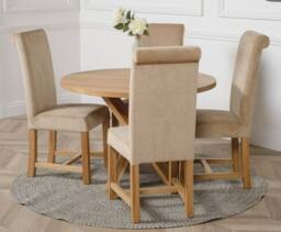 Thats Furniture Oregon Round Oak Dining Table & 4 Washington Fabric Chairs in Beige - thumbnail 3