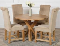 Thats Furniture Oregon Round Oak Dining Table & 4 Washington Fabric Chairs in Beige - thumbnail 1