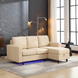 BTM L shaped sofa bed with storage USB & LED for living room in Beige - thumbnail 4