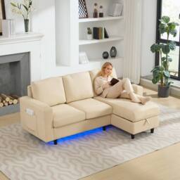 BTM L shaped sofa bed with storage USB & LED for living room in Beige - thumbnail 2