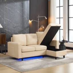 BTM L shaped sofa bed with storage USB & LED for living room in Beige - thumbnail 6