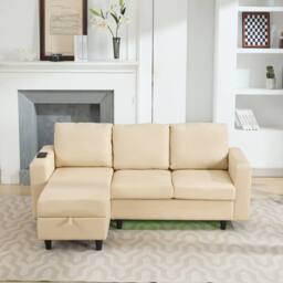 BTM L shaped sofa bed with storage USB & LED for living room in Beige - thumbnail 9