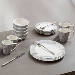 Orsina 16 Piece White & Grey Marble Effect Dinner Set, Porcelain Dinnerware Bowls & Side Plates, Glazed Crockery Set