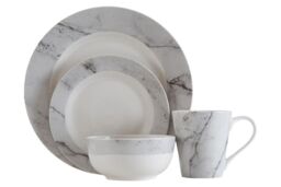 Orsina 16 Piece White & Grey Marble Effect Dinner Set, Porcelain Dinnerware Bowls & Side Plates, Glazed Crockery Set - thumbnail 6