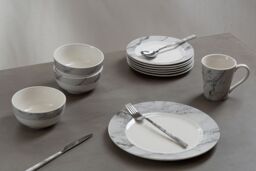 Orsina 16 Piece White & Grey Marble Effect Dinner Set, Porcelain Dinnerware Bowls & Side Plates, Glazed Crockery Set - thumbnail 3