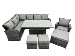 Fimous Poly Rattan Outdoor Patio Corner Sofa Set with 3 Stools in Dark Grey - thumbnail 1