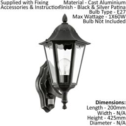 Loops IP44 Outdoor Wall Light & PIR Sensor Black & Silver Patina 1 x 60W E27 Bulb - thumbnail 2