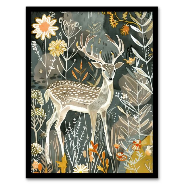 "Artery8 Deer in Autumn Forest Wildflowers Animal Folk Art Framed Art Print - Size: W12"" x H16""" - image 1