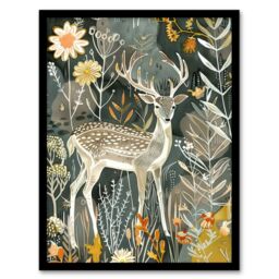 "Artery8 Deer in Autumn Forest Wildflowers Animal Folk Art Framed Art Print - Size: W12"" x H16""" - thumbnail 1