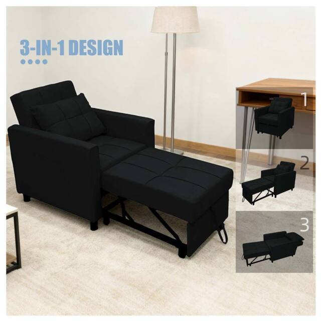 Alivio 3-in-1 Convertible Sofa Bed with Adjustable Backrest Pull-Out Sleeper in Black - image 1