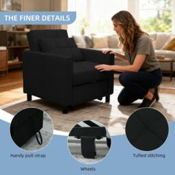 Alivio 3-in-1 Convertible Sofa Bed with Adjustable Backrest Pull-Out Sleeper in Black - thumbnail 7