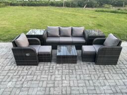 Fimous Patio Garden Furniture Sets Wicker 7 Seater Outdoor Rattan Furniture Sofa Sets with Square Coffee Table 2 Side Tables in Dark Grey - thumbnail 2
