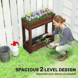 OUTSUNNY 2-Tier Wooden Raised Planter, Raised Garden Bed on Legs in Brown - thumbnail 4