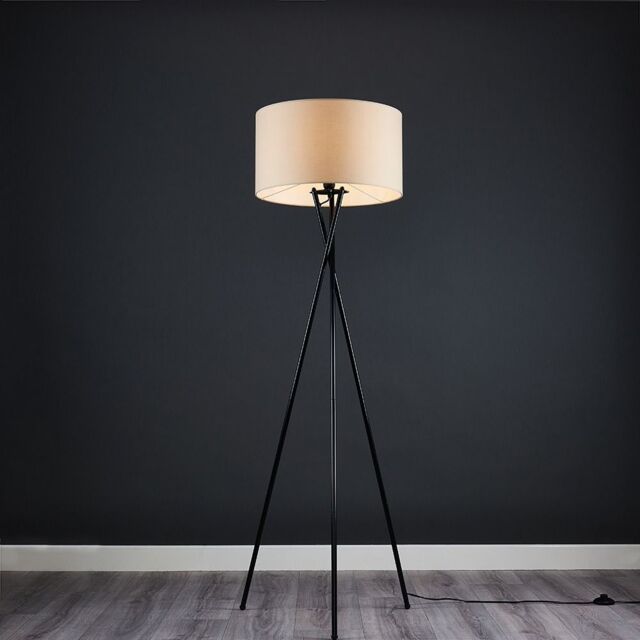 ValueLights Camden Black Metal Tripod Floor Lamp with Cream Drum Lamp Shade in Beige - image 1
