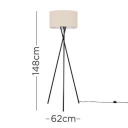 ValueLights Camden Black Metal Tripod Floor Lamp with Cream Drum Lamp Shade in Beige - thumbnail 7