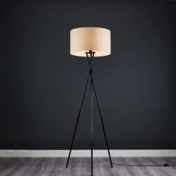 ValueLights Camden Black Metal Tripod Floor Lamp with Cream Drum Lamp Shade in Beige
