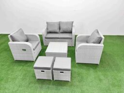 Fimous Light Grey PE Wicker Rattan Garden Furniture Set Sofa Set Reclining Adjustable Chair Square Coffee Table 6 Seater 2 Small Stools - thumbnail 1