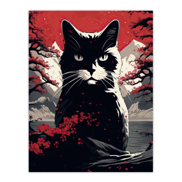 "Artery8 Ukiyo Japan Black Cat Red Black White Modern Artwork Painting Unframed Wall Art Print Poster Home Decor Premium - Size: W12"" x H16""" - image 1