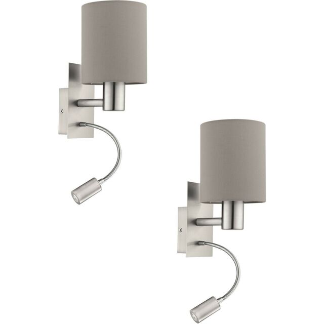 Loops 2 PACK Wall Light Colour Satin Nickel Shade Taupe Fabric E27 LED 1x40W 1x3.5W in Metallics - image 1