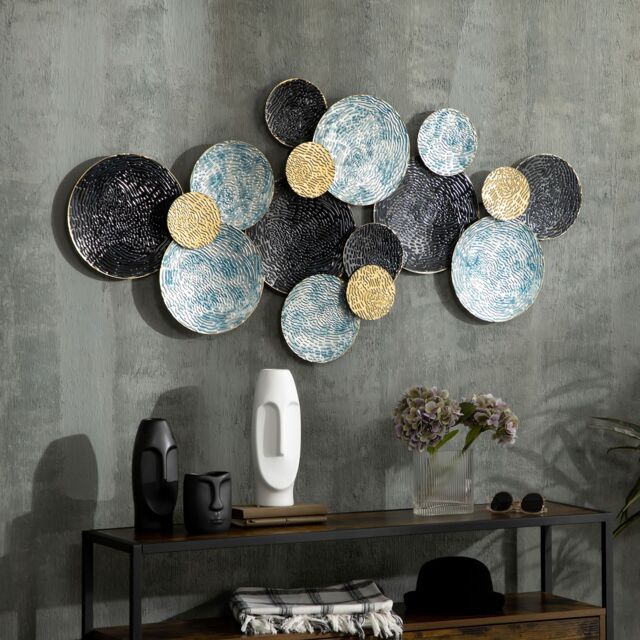 HOMCOM 3D Metal Wall Art Modern Circle Hanging Wall Sculpture Blue Gold Home Decor - image 1