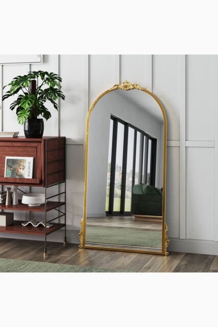 Living and Home 60cm W x 120cm H Gold Floral Carved Metal Frame Arch Wall Mirror Art Deco Vanity Mirror - Size: 60 cm W x 120 cm H - image 1