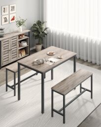 VASAGLE 3 Piece Dining Table Set with Benches Industrial Style in Fawn - thumbnail 2