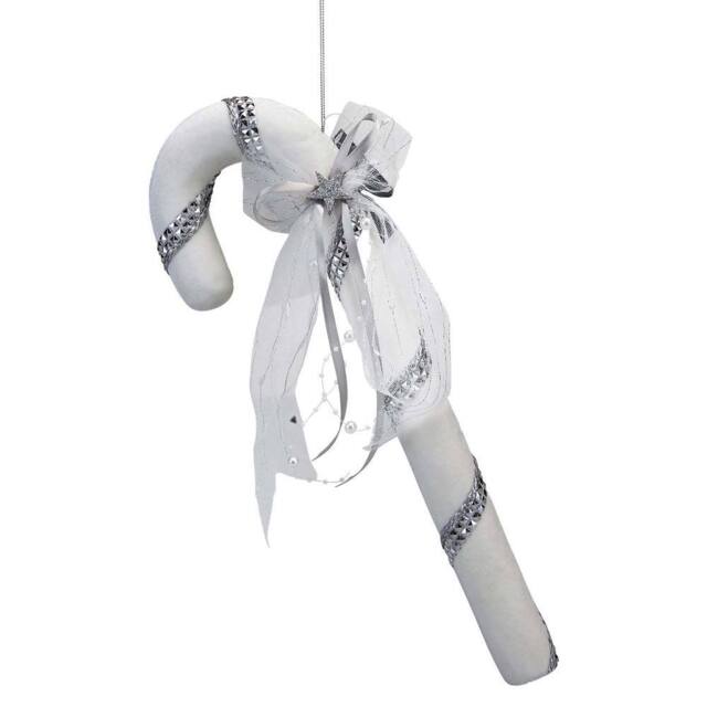 VFM e-Store Christmas Velvet Candy Cane Decoration 41cm x 14cm Silver X 1 - Size: 41 cm x 14 cm - image 1