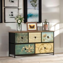 FURNOS 5 Fabric Drawer Bedroom Dresser With Floral Patterns Storage Organiser in Brown