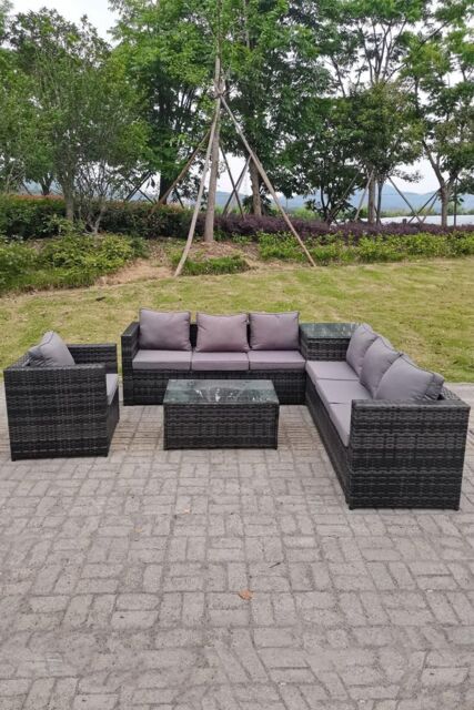 Fimous Grey Rattan Sofa Outdoor Garden Furniture Rectangular Coffee Table Set Patio in Dark Grey - image 1